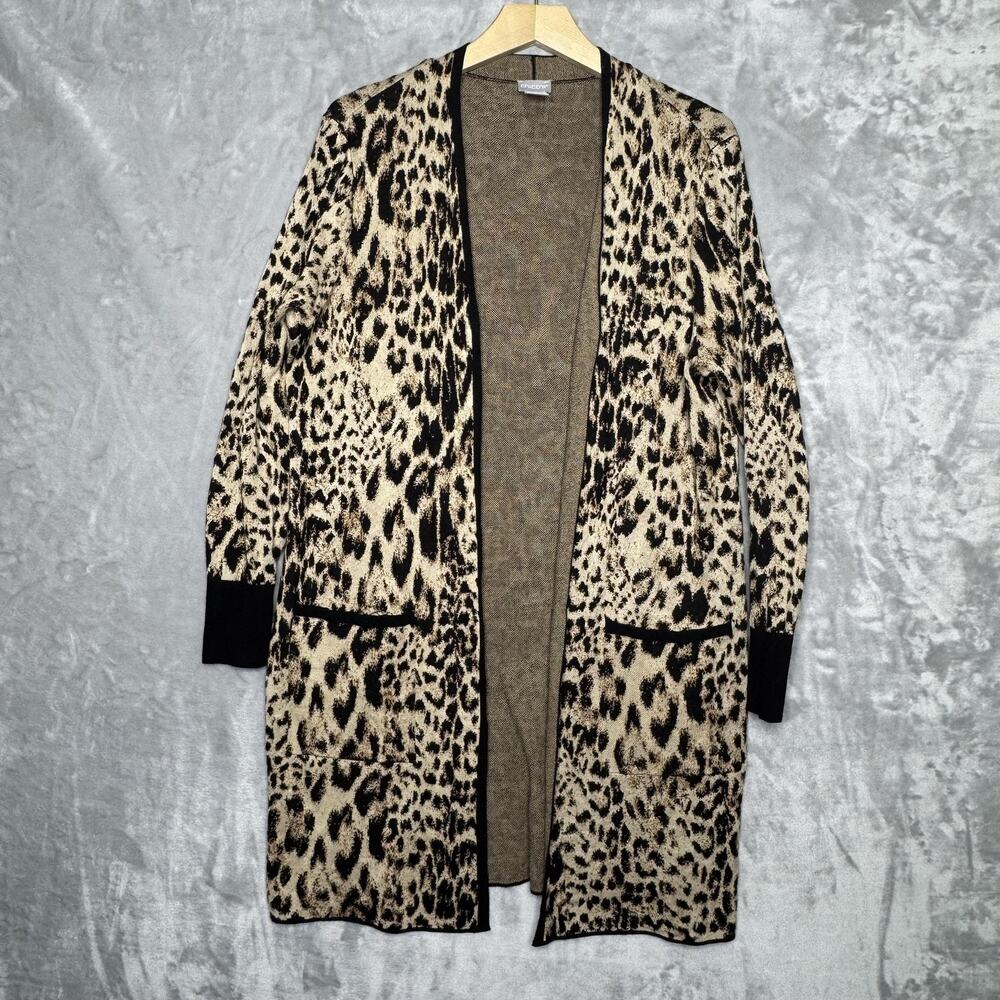 Chico's Sweater Womens Large Tan Black Leopard Print Open Front Cardigan Pockets